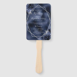 Navy Blue Floral Silver Foil Wedding Program Hand Fan