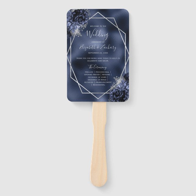 Navy Blue Floral Silver Foil Wedding Program Hand Fan (Front)