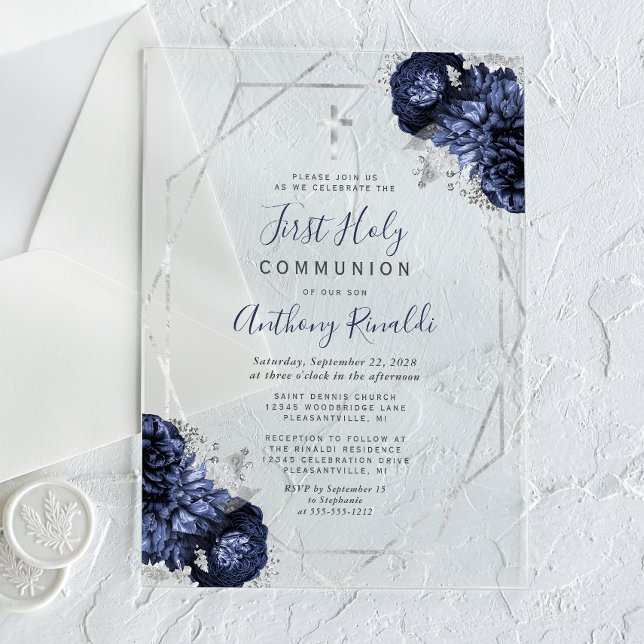 Navy Blue Floral Silver Frame First Holy Communion Acrylic Invitations (Creator Uploaded)