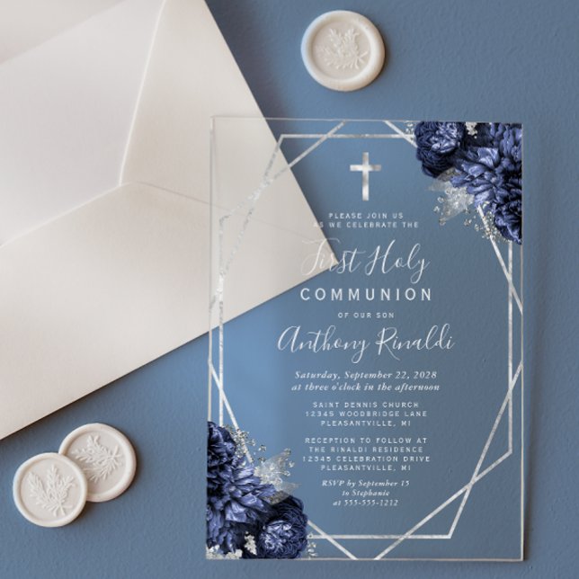 Navy Blue Floral Silver Geo First Holy Communion Acrylic Invitations (Creator Uploaded)