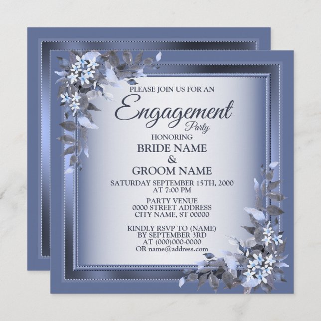 Navy Blue Floral Silver Grey Engagement Party Invitation (Front/Back)