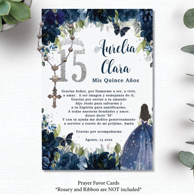 Navy Blue Floral Silver Quinceañera 15 Prayer Card (Creator Uploaded)