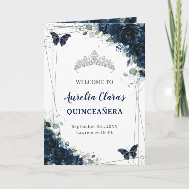 Navy Blue Floral Silver Quinceañera Order of Event Programme (Front)