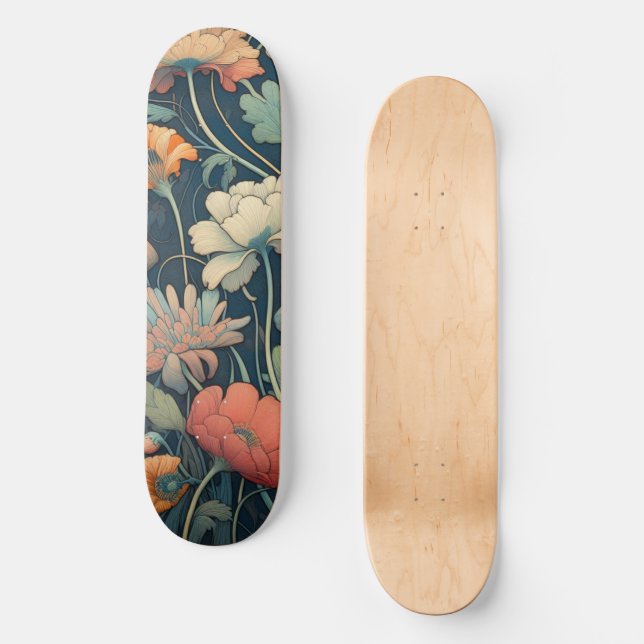 Navy blue floral skateboard (Front)
