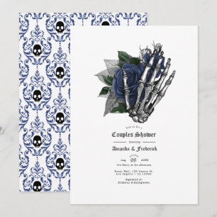 Navy Blue Floral Skull Gothic Couples Shower Invitation