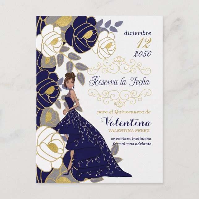 Navy Blue Floral Spanish Quincanera Save the Date Announcement Postcard (Front)
