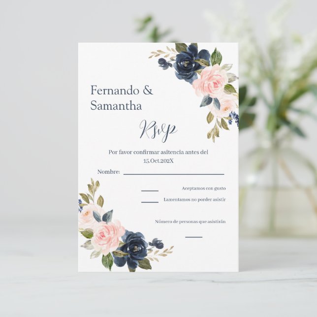Navy Blue Floral Spanish Wedding RSVP card (Standing Front)