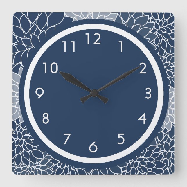 Navy Blue Floral Square Wall Clock (Front)