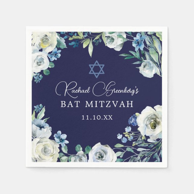 Navy Blue Floral Star of David Bat Mitzvah Party Napkin (Front)
