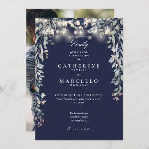 Navy Blue Floral String Lights Photo Wedding Invitation