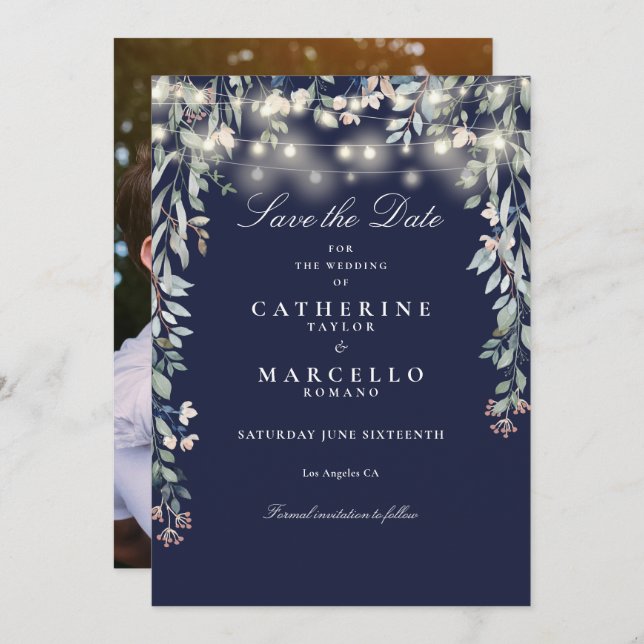 Navy Blue Floral String Lights Photo Wedding Save The Date (Front/Back)