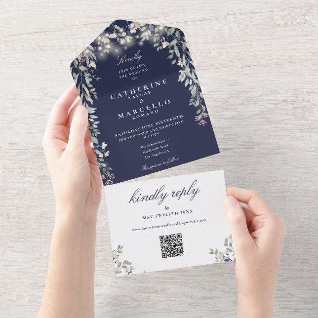Navy Blue Floral String Lights QR Code Wedding All In One Invitation (Tearaway)