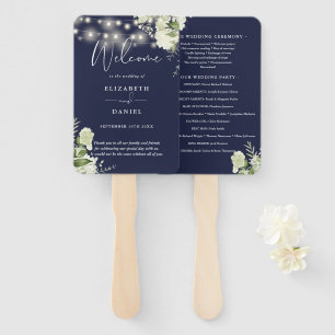 Navy Blue Floral String Lights Wedding Program Hand Fan