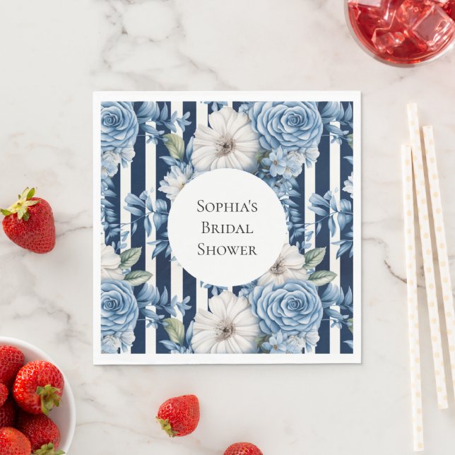Navy Blue Floral Stripes Bridal Shower Napkin (Insitu)
