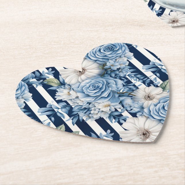 Navy Blue Floral Stripes Bridal Shower Paper Coaster (Angled)