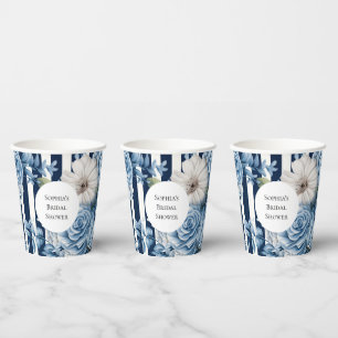 Navy Blue Floral Stripes Bridal Shower Paper Cups