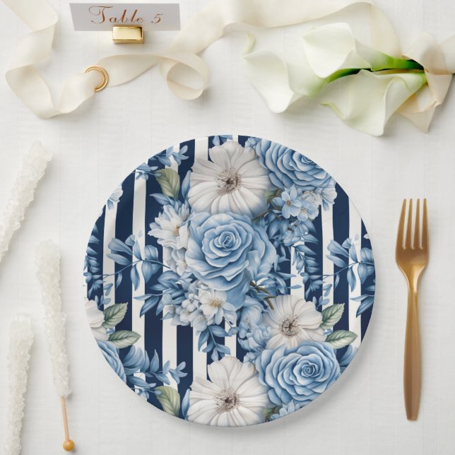 Navy Blue Floral Stripes Bridal Shower Paper Plate (Wedding)