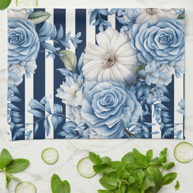 Navy Blue Floral Stripes Tea Towel (Folded)