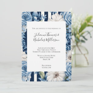 Navy Blue Floral Stripes Wedding Invitation