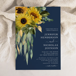 Navy Blue Floral Sunflower Eucalyptus Wedding Invitation
