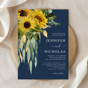 Navy Blue Floral Sunflower Eucalyptus Wedding Invitation
