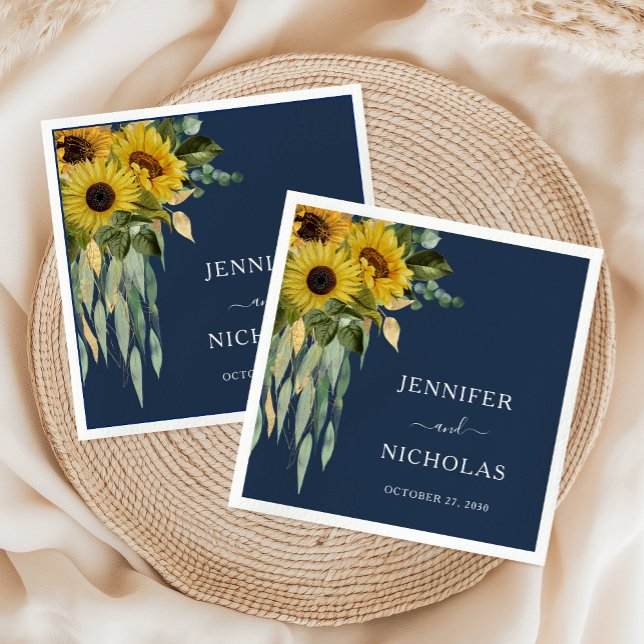 Navy Blue Floral Sunflower Eucalyptus Wedding Napkin (Navy Blue Floral Sunflower Eucalyptus Wedding Napkins)