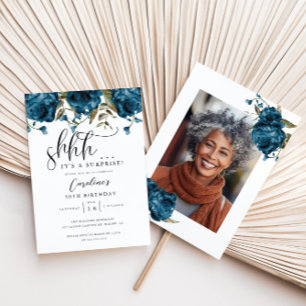 Navy Blue Floral Surprise Birthday Party Invitation