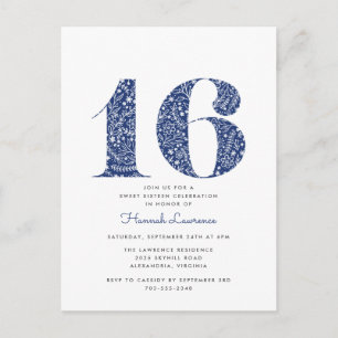 Navy Blue Floral Sweet 16 Birthday Invitation Postcard