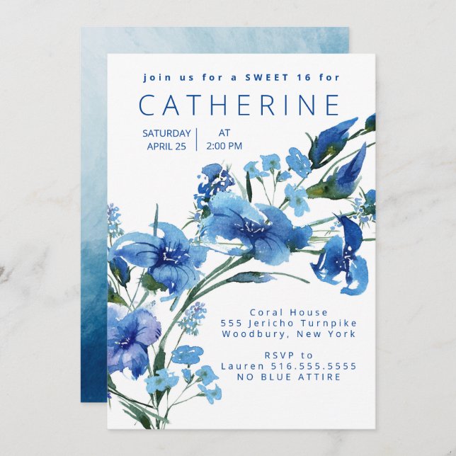 Navy Blue Floral Sweet 16 Party Invitation (Front/Back)