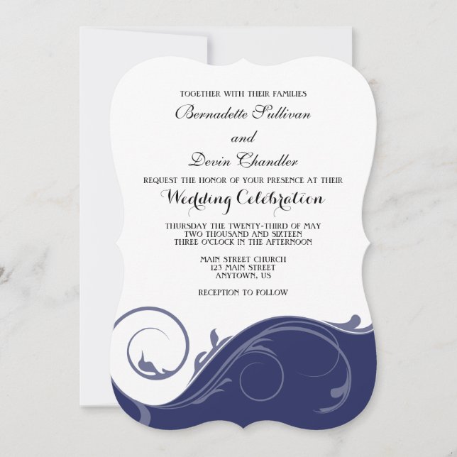 Navy Blue Floral Swirl Bracket Wedding Invites (Front)