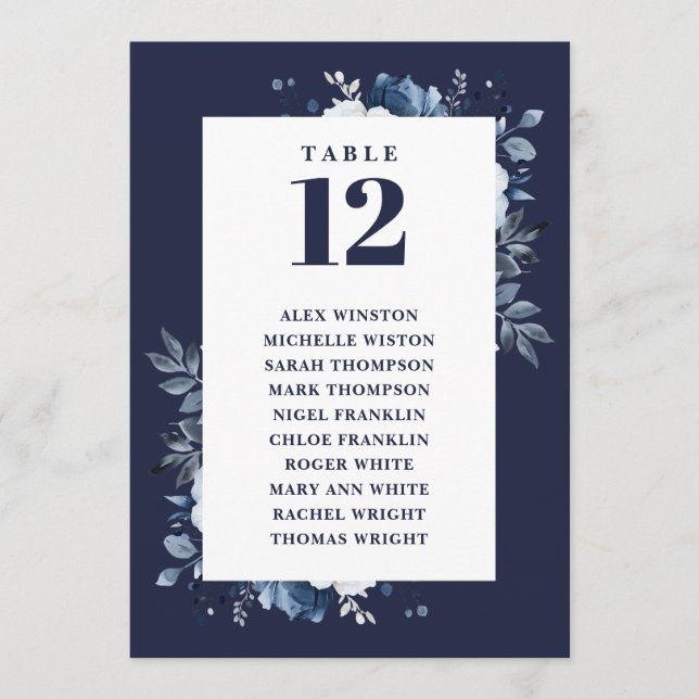 Navy Blue Floral Table Number Seating Chart (Front)