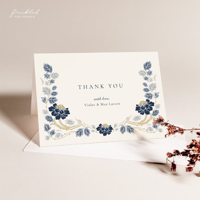 Navy Blue Floral Thank You Card (Blue Floral Art Nouveau Wedding Thank You Card)