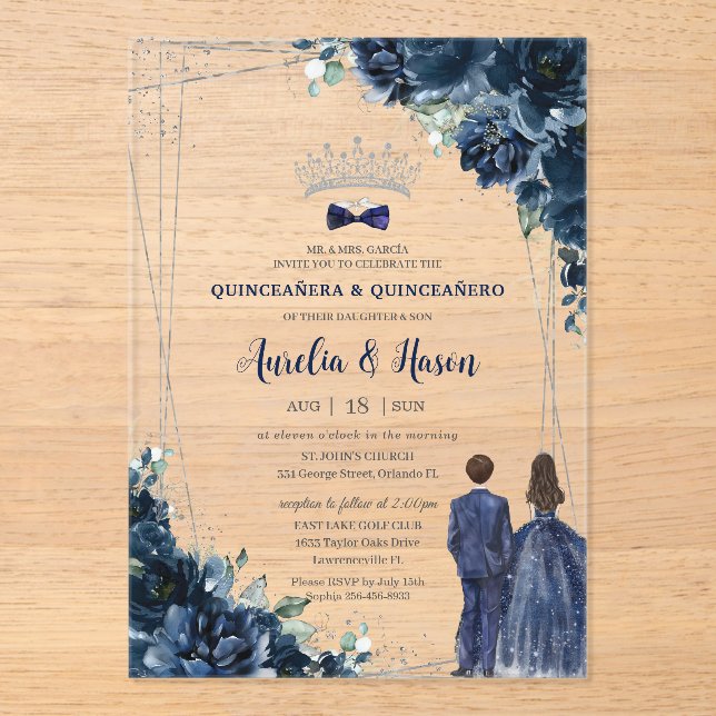 Navy Blue Floral Twins Boy Girl Silver Quinceañera Acrylic Invitations (Front)