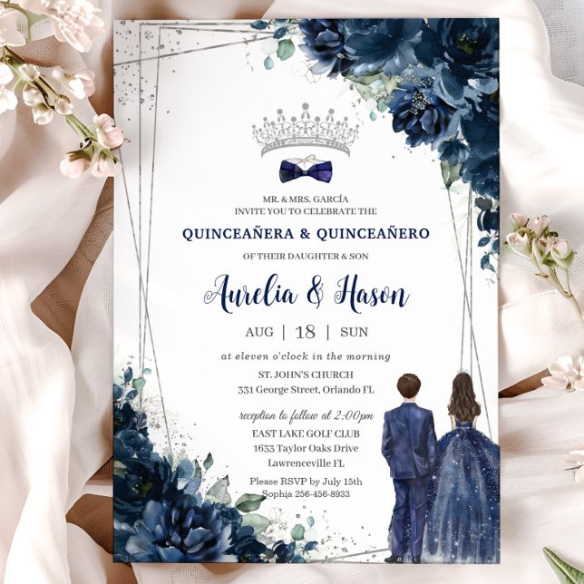 Navy Blue Floral Twins Boy Girl Silver Quinceañera Invitation (Creator Uploaded)
