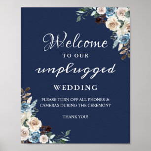 Navy Blue Floral Unplugged Wedding Sign