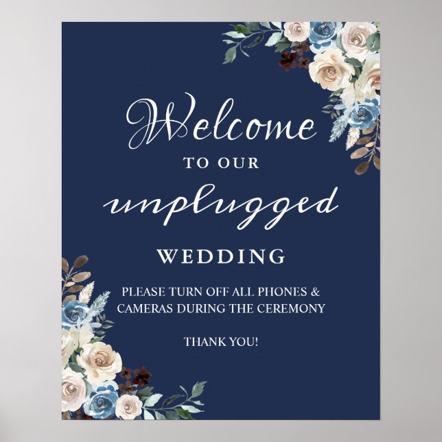 Navy Blue Floral Unplugged Wedding Sign (Front)