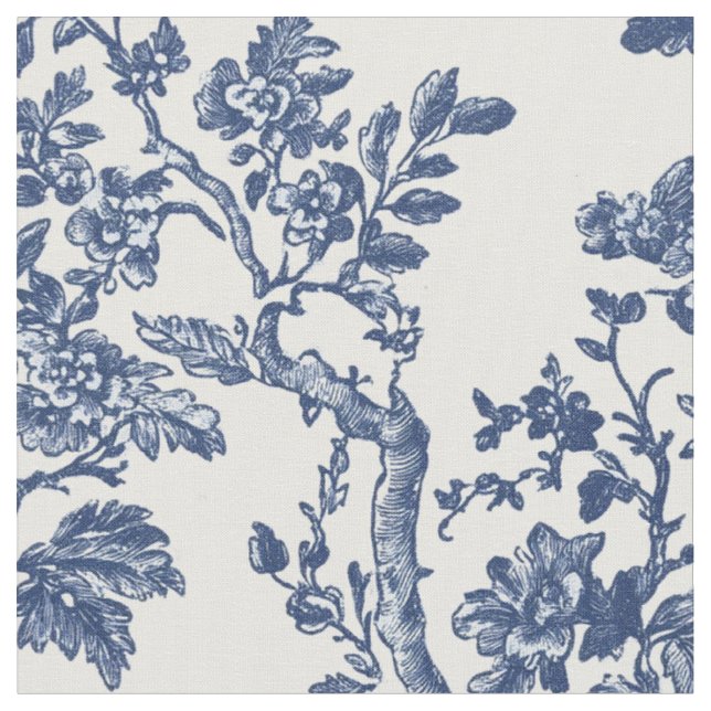 Navy Blue Floral Vine Toile Fabric (Close Up)
