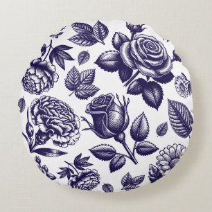 Navy Blue Floral Vintage Round Cushion