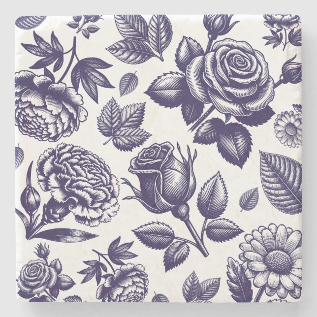 Navy Blue Floral Vintage Stone Coaster (Front)