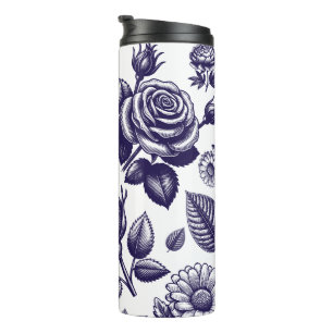 Navy Blue Floral Vintage Thermal Tumbler