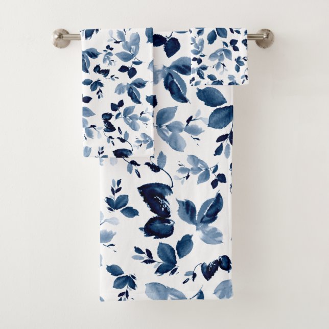 Navy Blue Floral Watercolor Bath Towel (Insitu)