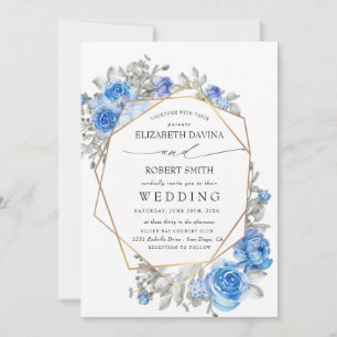  Navy Blue Floral Watercolor Wedding Invitation