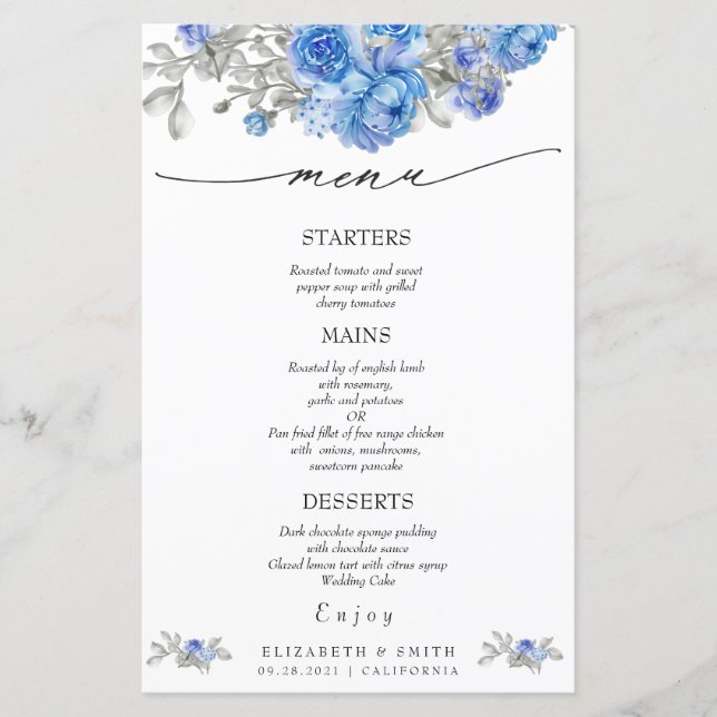 Navy Blue Floral Watercolor Wedding Menu (Front)