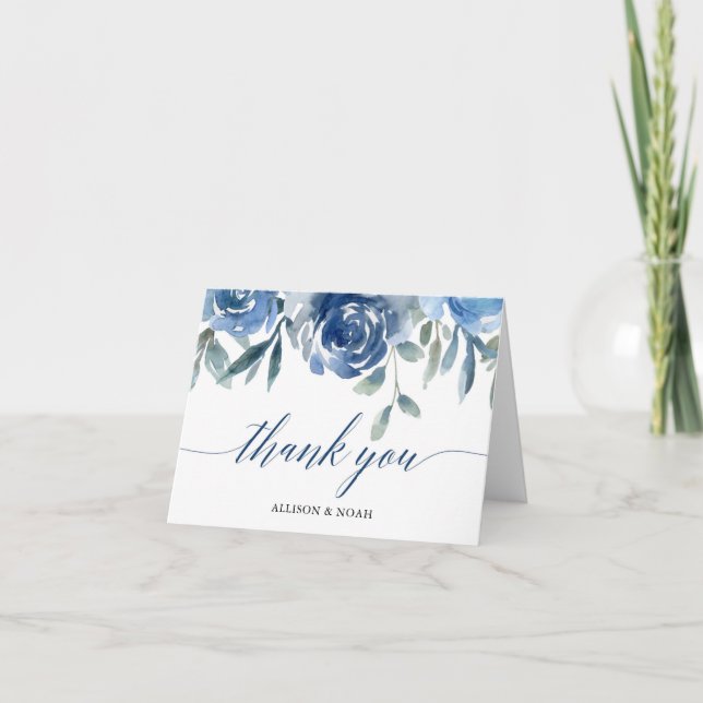 Navy blue floral watercolors elegant thank you card (Front)