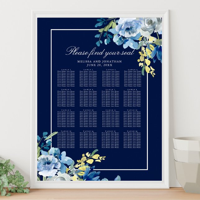 Navy Blue Floral Wedding 16 Table Seating Chart (Creator Uploaded)