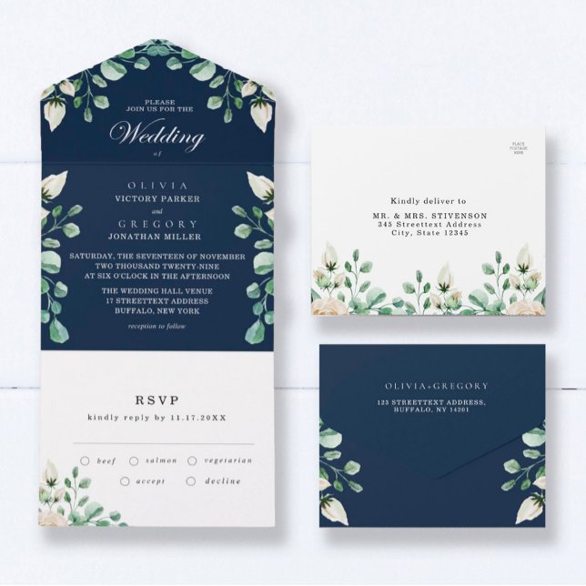 Navy Blue Floral Wedding All In One Invitation (Creator Uploaded)