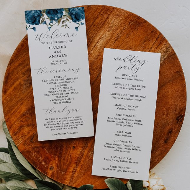 Navy Blue Floral Wedding Ceremony Program Programme (Creator Uploaded)