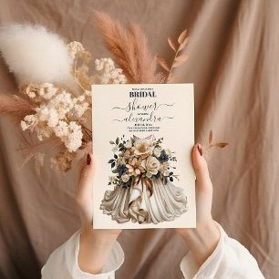 Navy Blue Floral Wedding Dress Bridal Shower Invitation