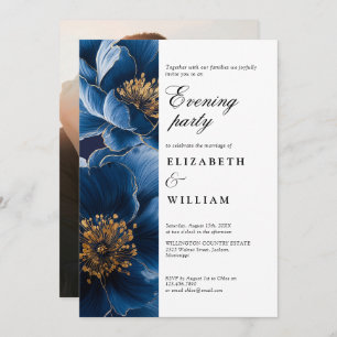 Navy Blue Floral Wedding Evening Party Photo Invitation