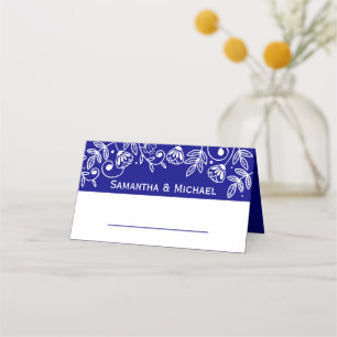 Navy Blue Floral Wedding Flowers Modern Elegant Place Card
